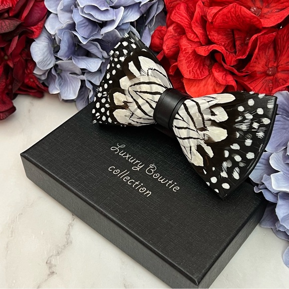 Handmade Black and White Feather Bow Tie Boutonnière Lapel Pin Set - Picture 5 of 16